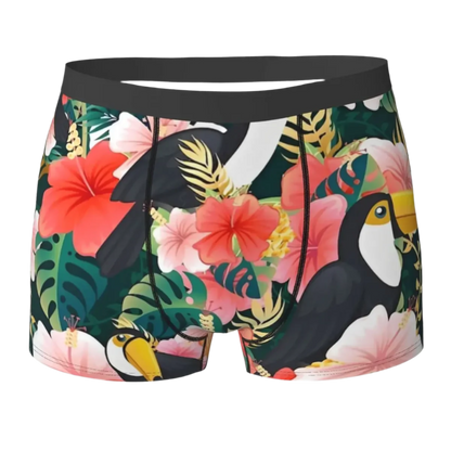 Men's tropical jungle print stretch boxer brief with high quality large size design for Hot Tropics Animal Instincts theme night resort wear
