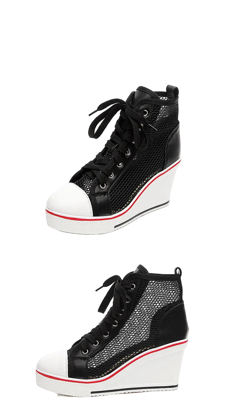 Black high-top wedge sneakers with a mesh upper, black laces, a white toe cap, and a white wedge sole with a thin red stripe, shown on a white background with product text.