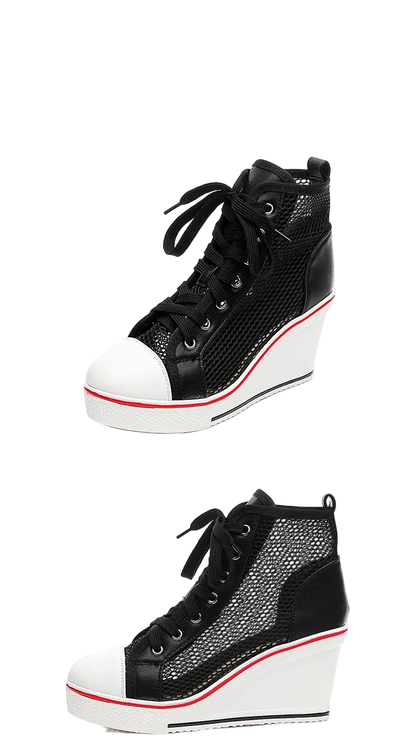 Black high-top wedge sneakers with a mesh upper, black laces, a white toe cap, and a white wedge sole with a thin red stripe, shown on a white background with product text.