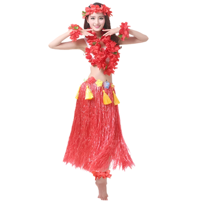 colorful hula outfits. Each ensemble includes a vibrant floral top, matching lei, and a grass skirt in pink, yellow, red, and blue, with floral headpieces and bracelets.