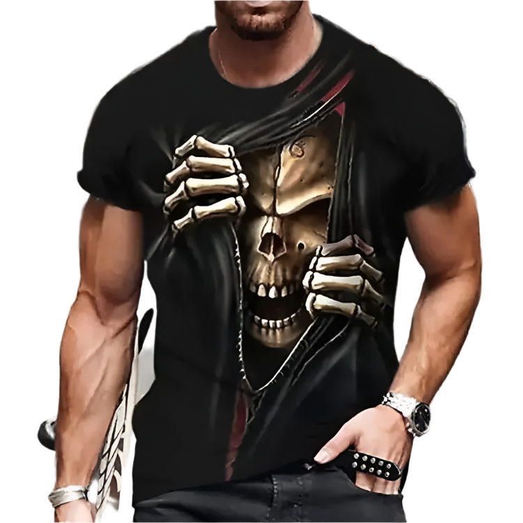 Person wearing a black t-shirt with a gold skull design on a city street.