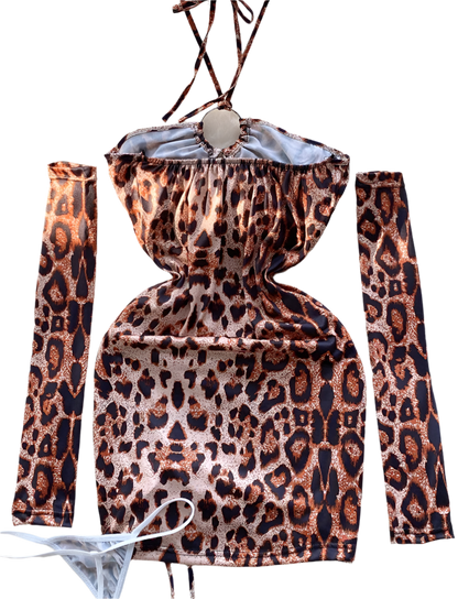 A leopard print dress with cut-out sections and ruching. It features a halter neck and matching arm sleeves, creating a wild and daring style.