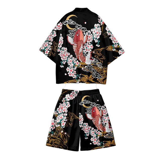 Black outfit with Koi fish and floral design on a white background