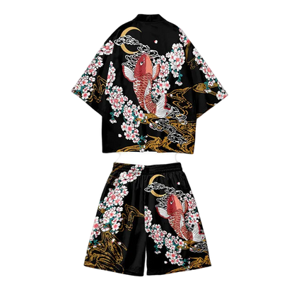 Black outfit with Koi fish and floral design on a white background