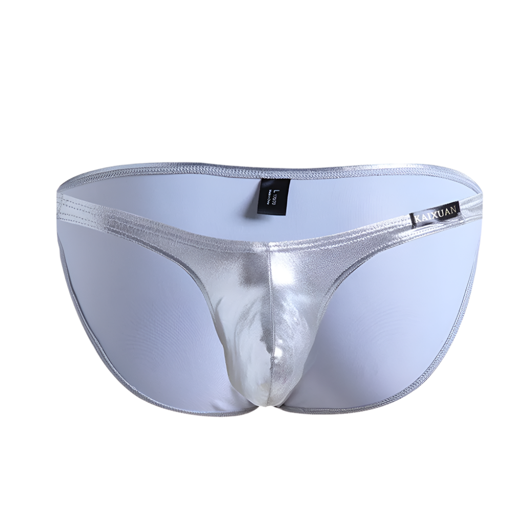 Silver men's underwear with a brand label on a white background