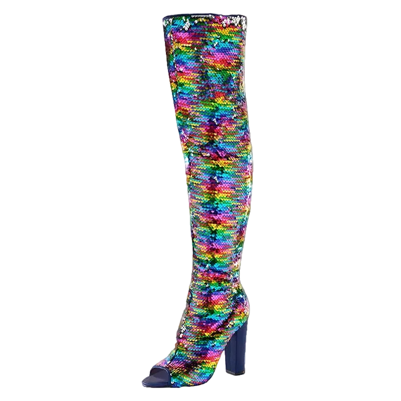 A single over-the-knee boot covered in iridescent rainbow sequins, shown on a plain white background 