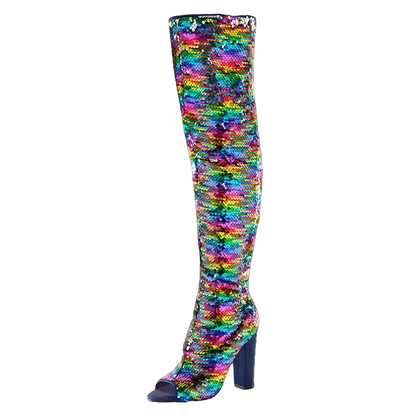 A single over-the-knee boot covered in iridescent rainbow sequins, shown on a plain white background 
