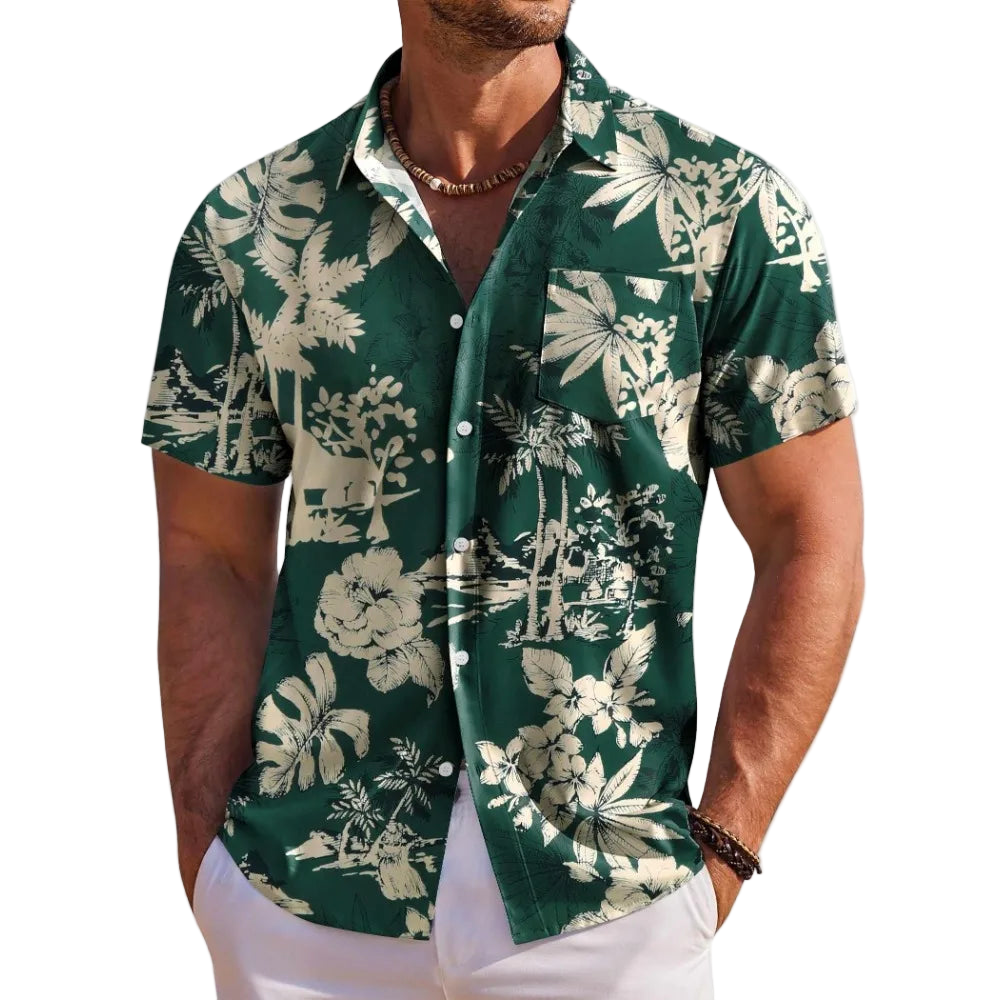 Green floral patterned shirt worn by a person on a white background