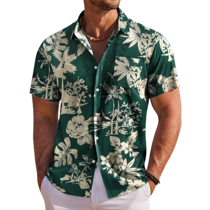 Green floral patterned shirt worn by a person on a white background