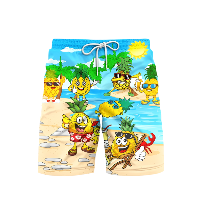 3D Pineapple Print Swim Trunks for luxury adult resorts, featuring vibrant tropical pattern on premium board shorts