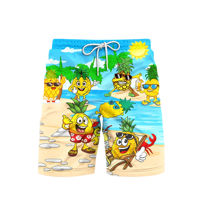 3D Pineapple Print Swim Trunks for luxury adult resorts, featuring vibrant tropical pattern on premium board shorts