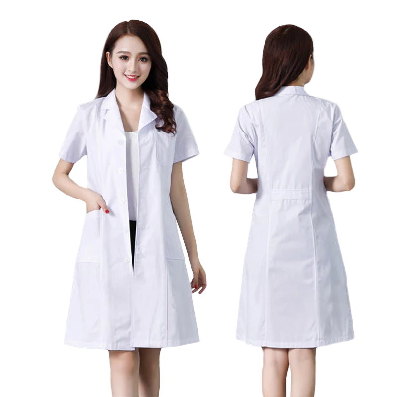 White lab coat worn by a model on a white background
