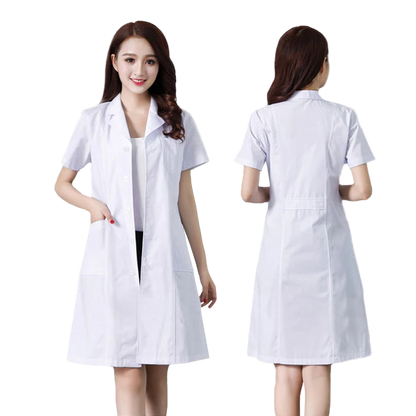 White lab coat worn by a model on a white background