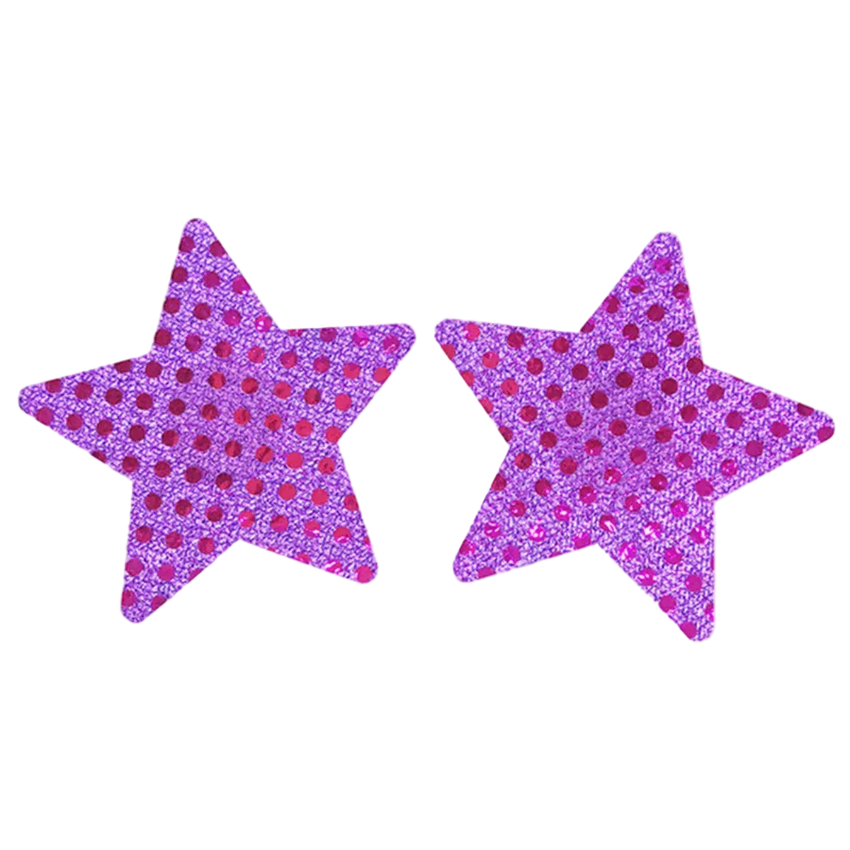 Two glittery star-shaped accessories in vibrant pink and purple, covered with small reflective sequins, shown on a plain white background.