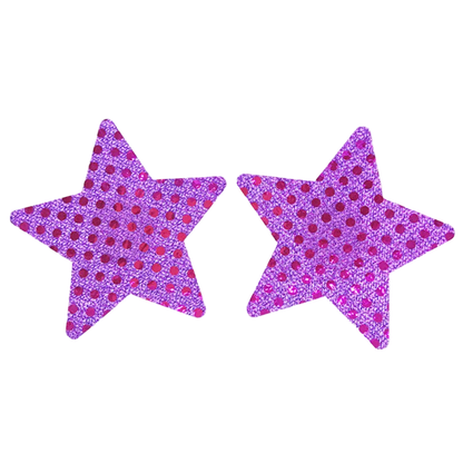 Two glittery star-shaped accessories in vibrant pink and purple, covered with small reflective sequins, shown on a plain white background.
