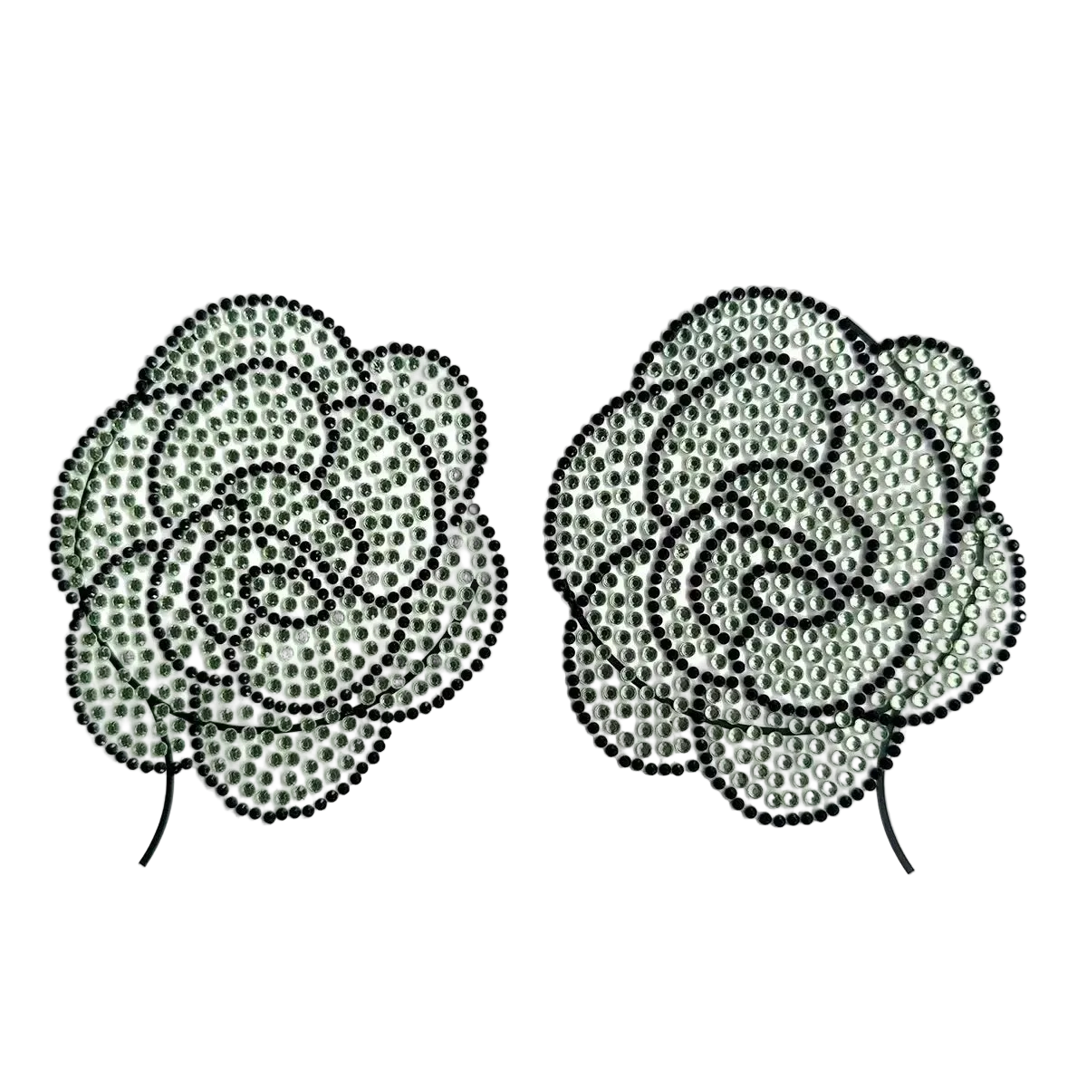 Pair of rose-shaped earrings with rhinestone embellishments on a white background