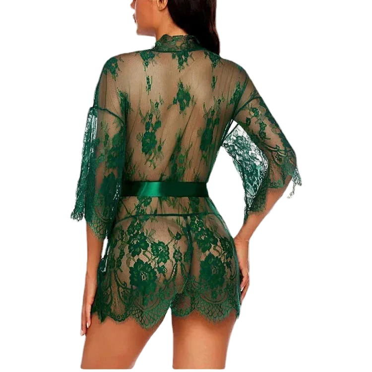 Green lace lingerie set on a white background