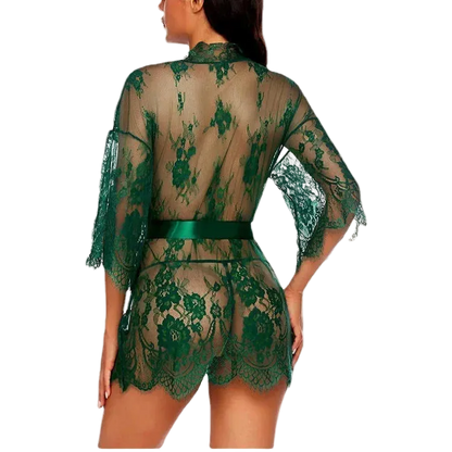 Green lace lingerie set on a white background