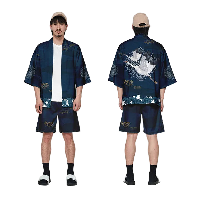 Man wearing a navy blue traditional outfit with white floral patterns, front and back views, on a white background.