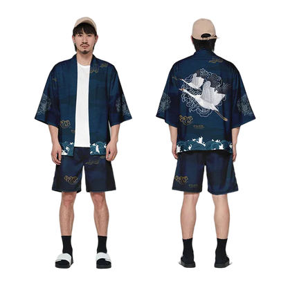 Man wearing a navy blue traditional outfit with white floral patterns, front and back views, on a white background.