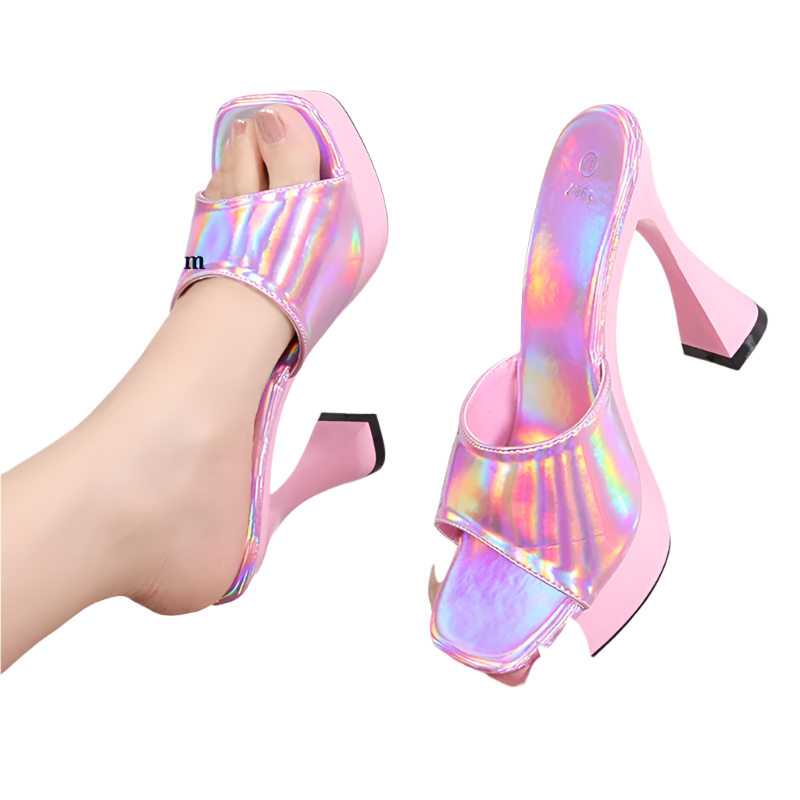 Holographic high-heeled shoes with platform on a white background, featuring the brand 'Voesnees'.