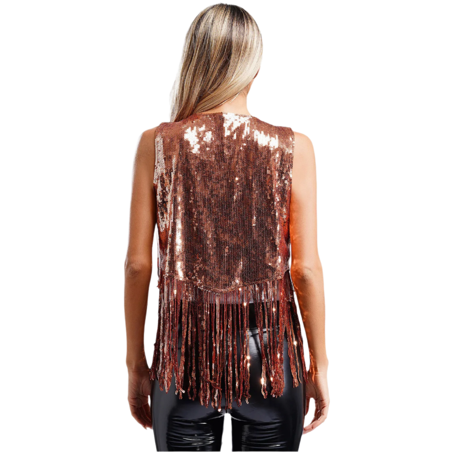 A sleeveless vest with sequins and fringe detailing. The vest is embellished with small studs, adding a touch of sparkle and flair to any outfit.
