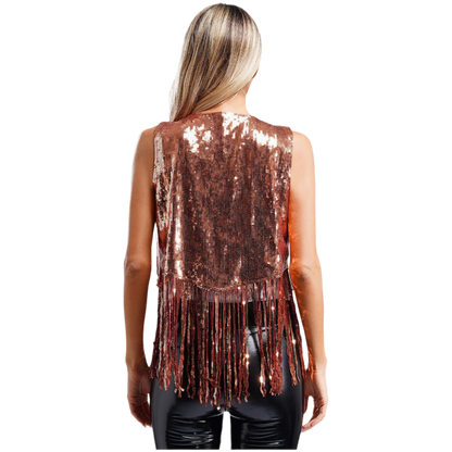 A sleeveless vest with sequins and fringe detailing. The vest is embellished with small studs, adding a touch of sparkle and flair to any outfit.
