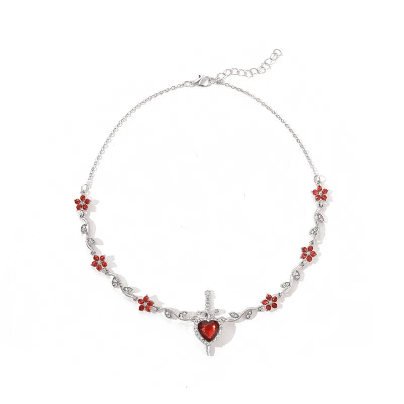 Couple Heart and Sword Necklace Set for Women Men, Zircon Crystal Heart Rose Flower Jewelry Birthday Valentine's Day Gifts