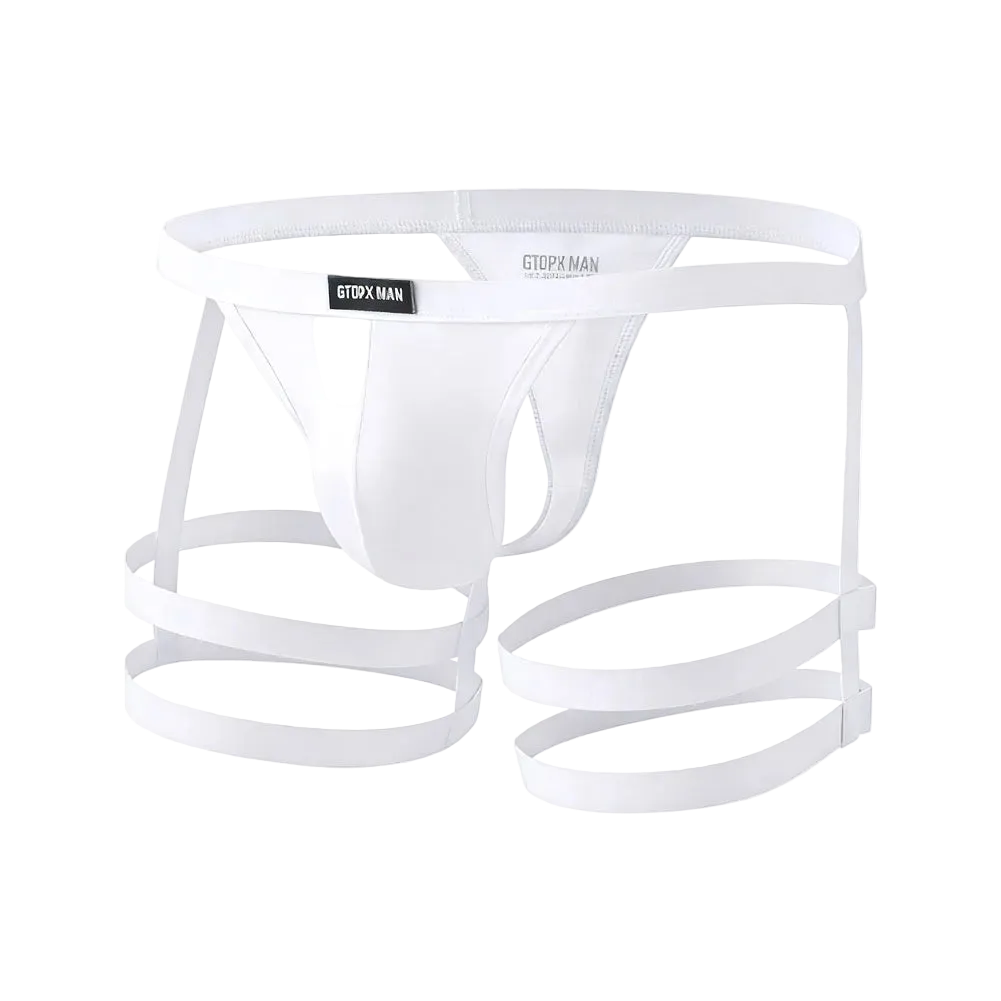 White men's jockstrap-style underwear with multiple integrated elastic straps and a small black brand patch reading GERPX MAN on the front, shown on a plain white background.