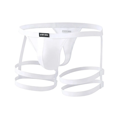 White men's jockstrap-style underwear with multiple integrated elastic straps and a small black brand patch reading GERPX MAN on the front, shown on a plain white background.
