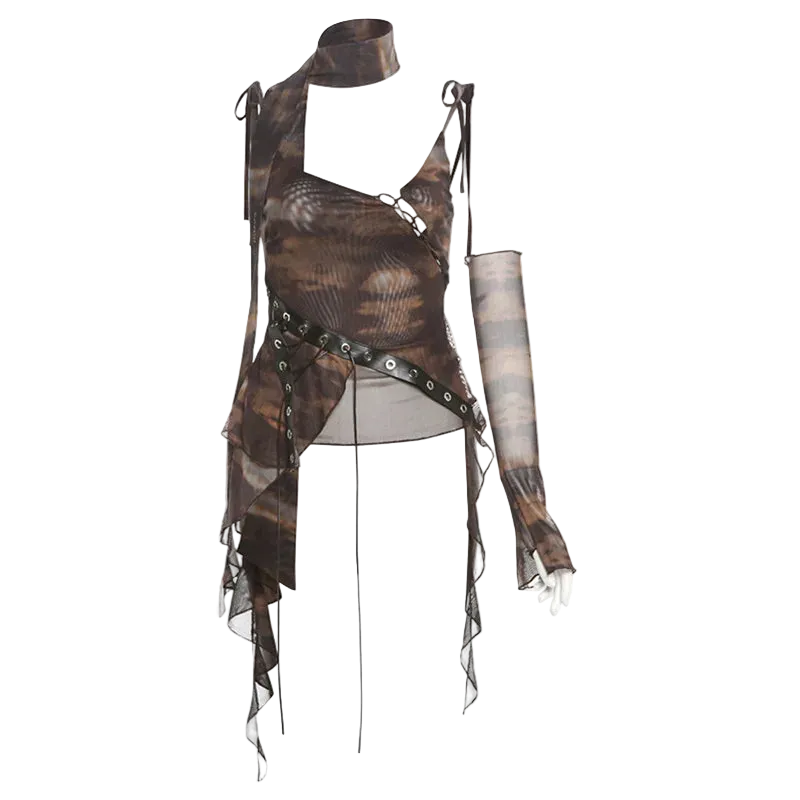 A brown and black patterned sleeveless top with asymmetrical lace-up details, a matching choker collar, and a long matching arm sleeve, displayed on a headless mannequin against a white background.