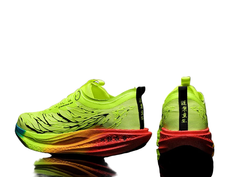 Bright green running shoes with red soles on a black background, featuring a promotional text overlay.