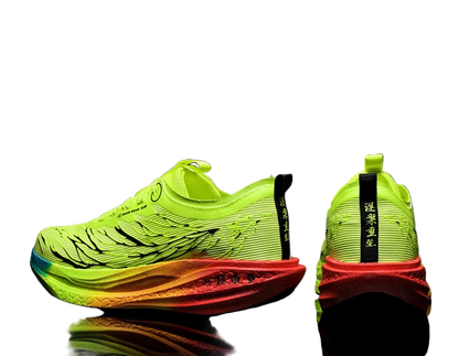 Bright green running shoes with red soles on a black background, featuring a promotional text overlay.