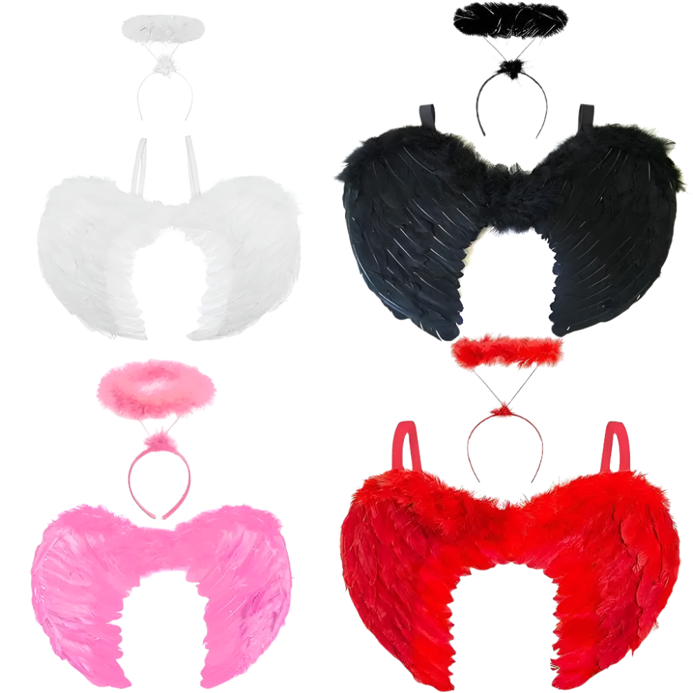 Set of black, white, pink, and red angel wings with headbands on a white background