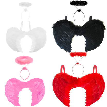 Set of black, white, pink, and red angel wings with headbands on a white background