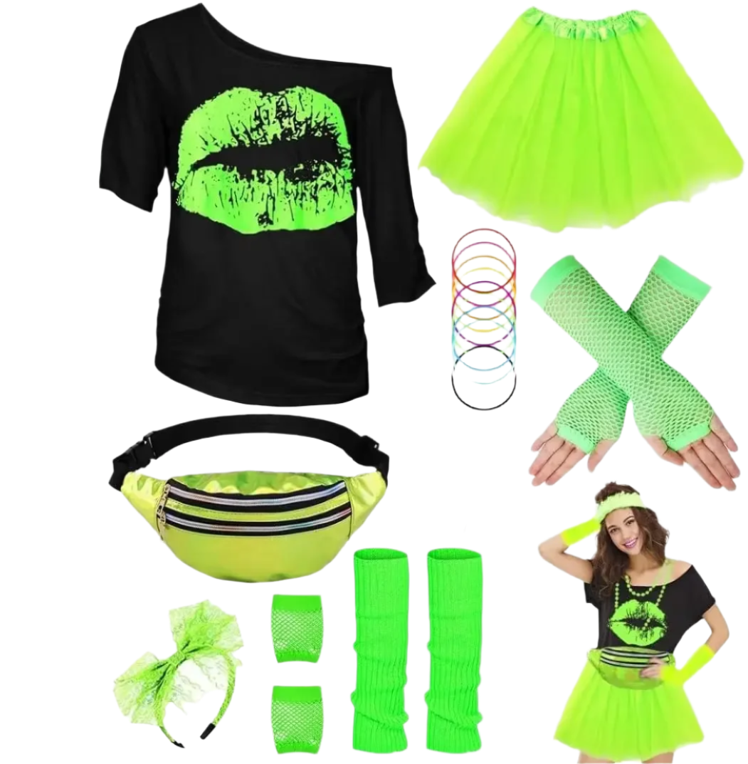 Collection of neon green and black accessories and clothing on a white background