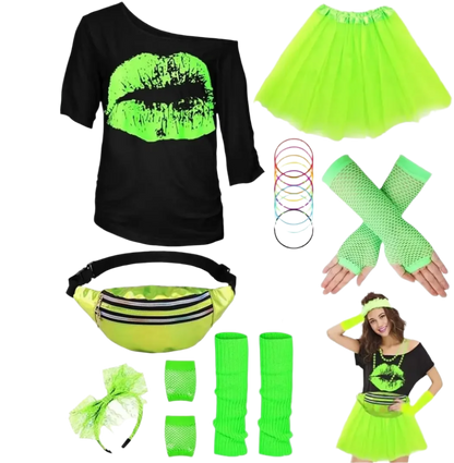 Collection of neon green and black accessories and clothing on a white background