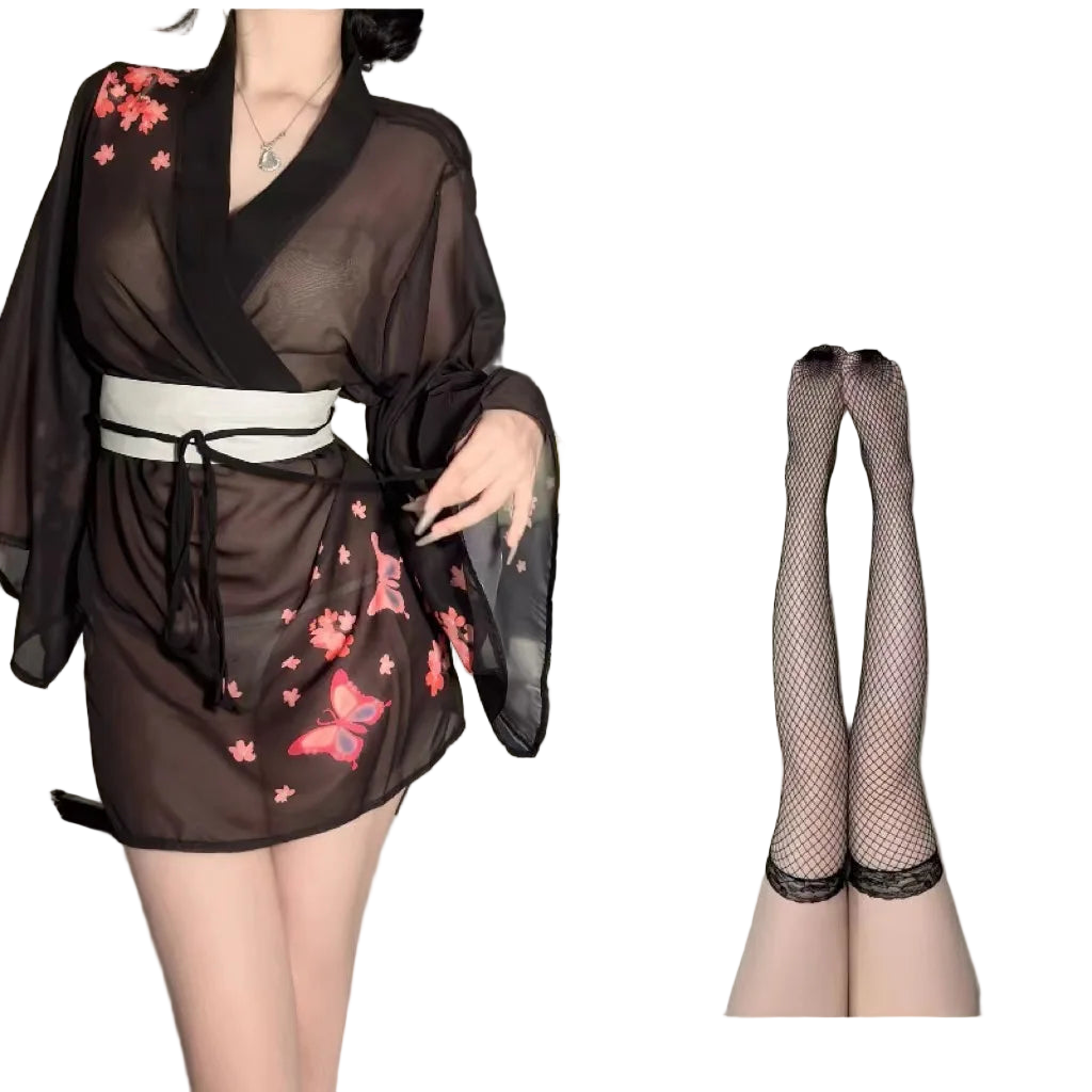 Person wearing a black floral kimono with fishnet stockings displayed.