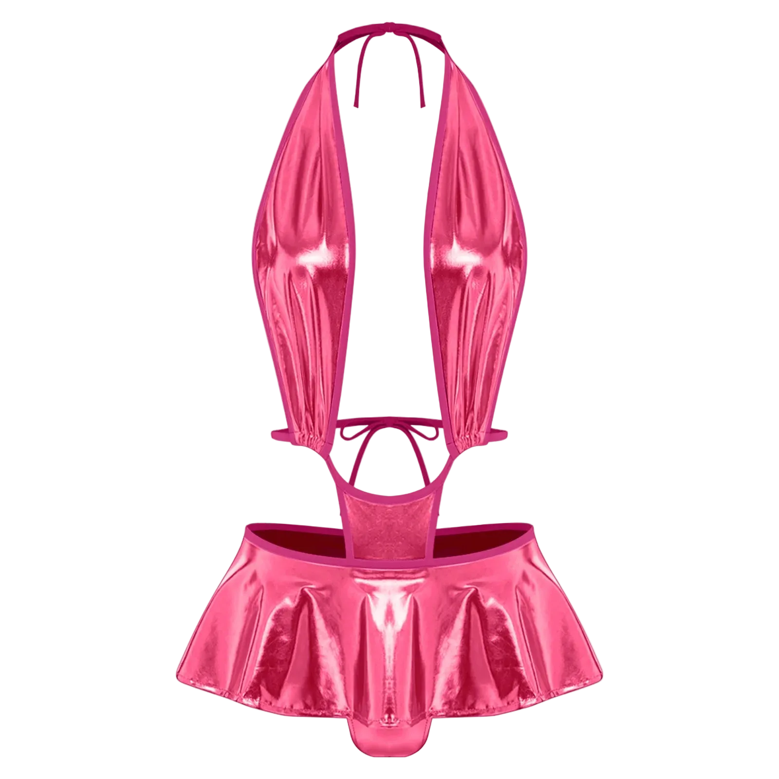 A shiny metallic pink two-piece swimsuit with a halter top and a ruffled mini skirt, shown against a plain white background.