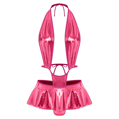 A shiny metallic pink two-piece swimsuit with a halter top and a ruffled mini skirt, shown against a plain white background.
