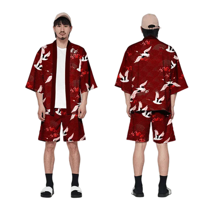 Red floral kimono-style outfit worn by a person on a white background