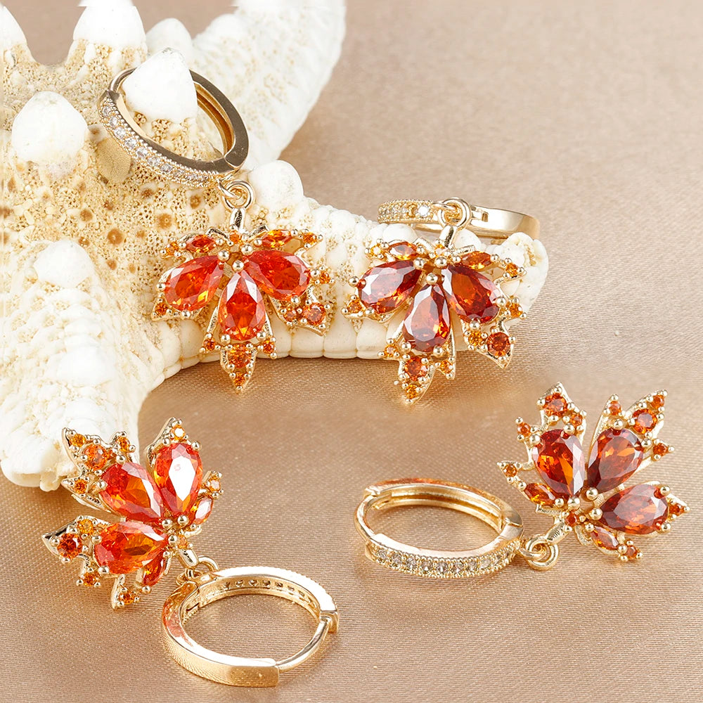 2pcs Vintage Crystal Zircon Stainless Steel Maple Leaf Earrings for Women Temperament Hoop Earrings Party Piercing Jewelry Gift
