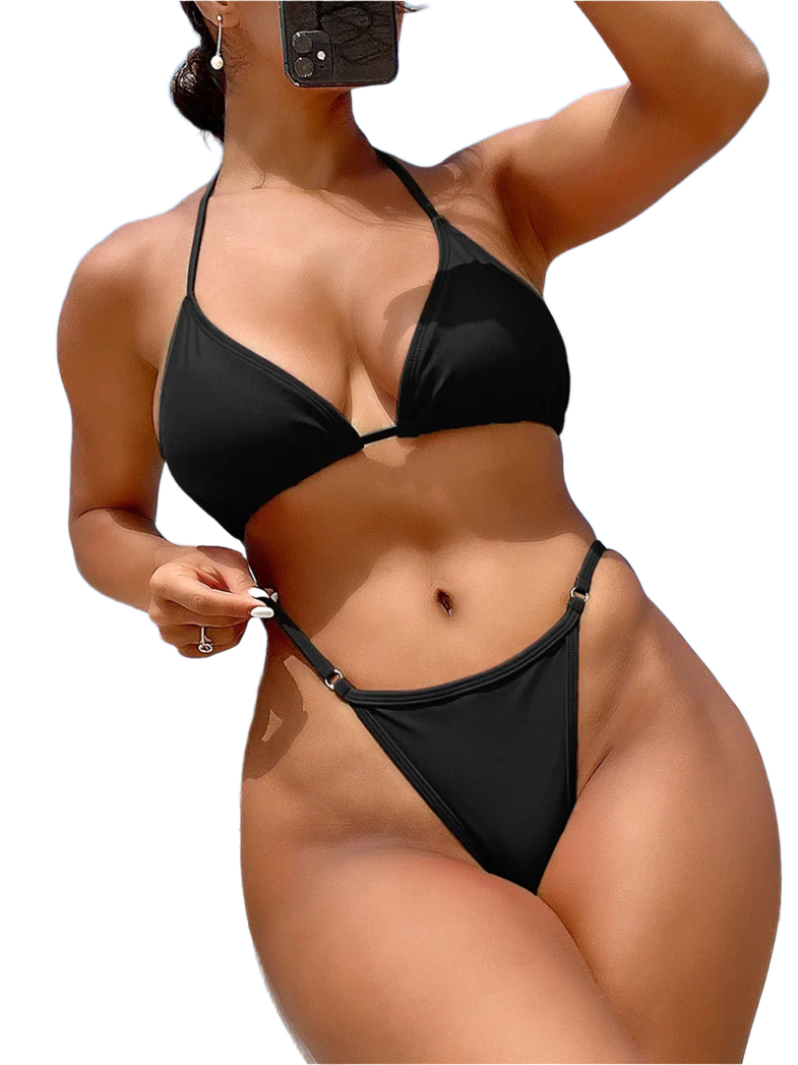  Bikini with Rhinestone Chain: view of a bikini with a black strap top and a rhinestone chain detail on the bottom, adding a touch of sparkle.

