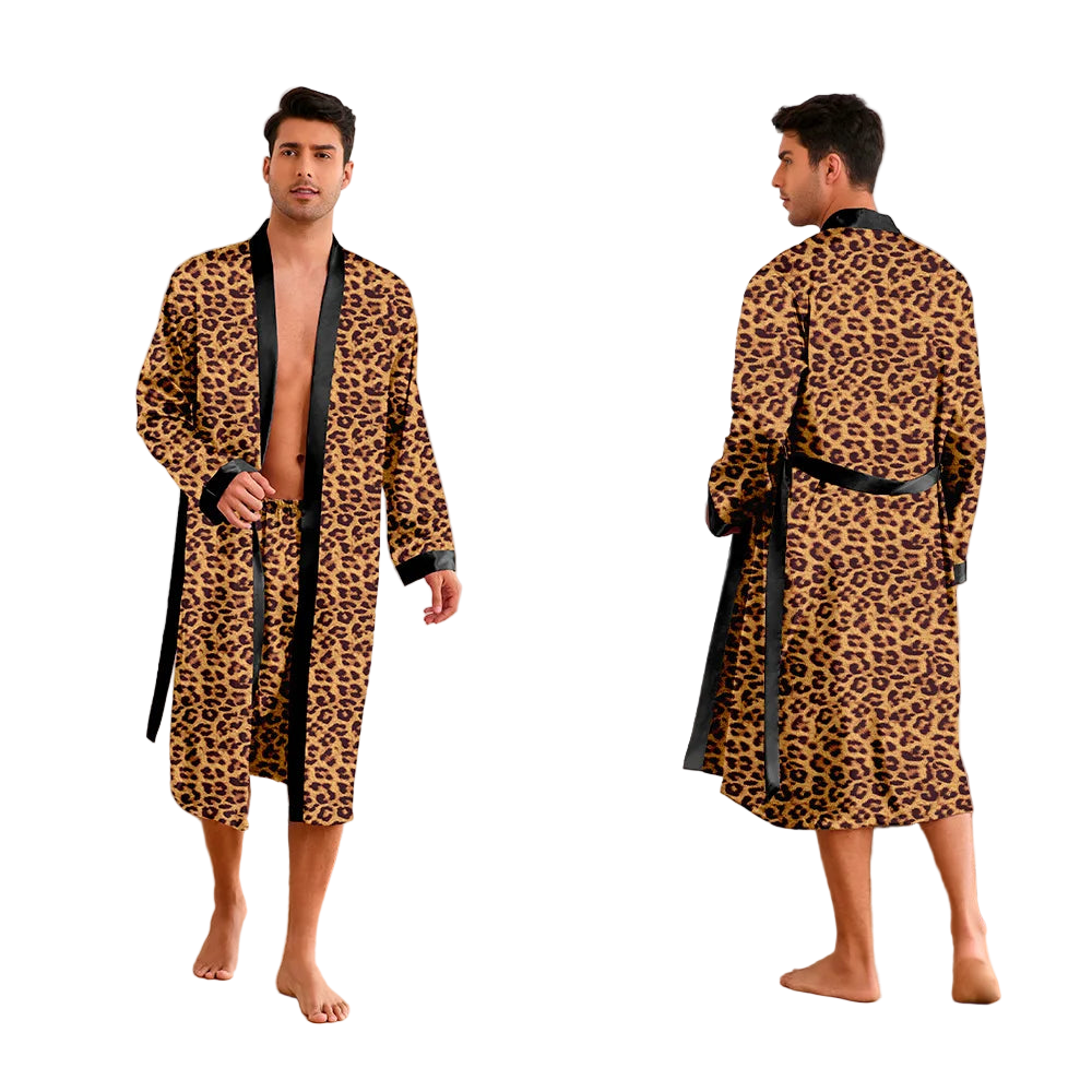 Man wearing a leopard print robe in a living room setting