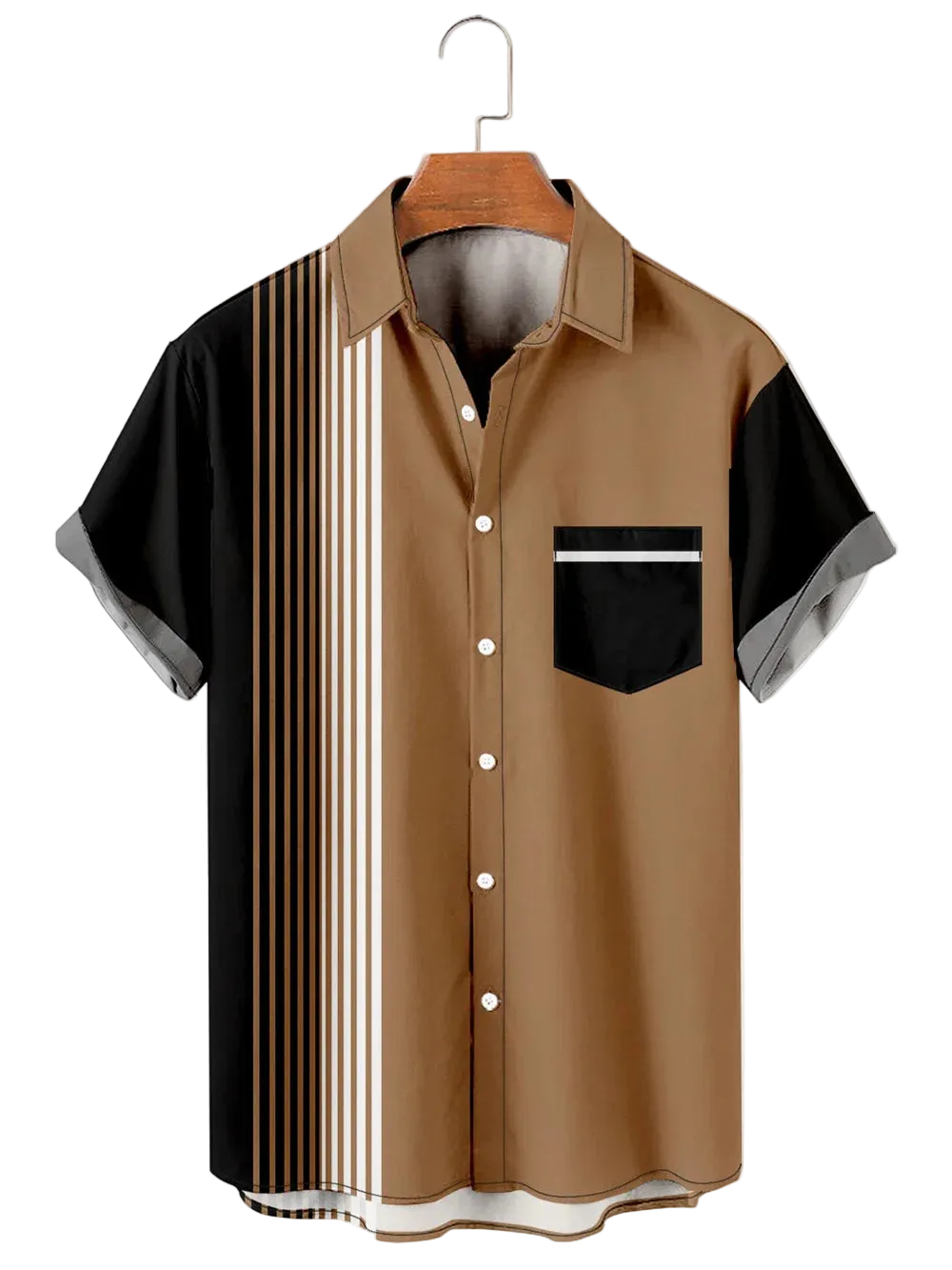 Brown shirt with black and white striped sleeves on a hanger against a white background
