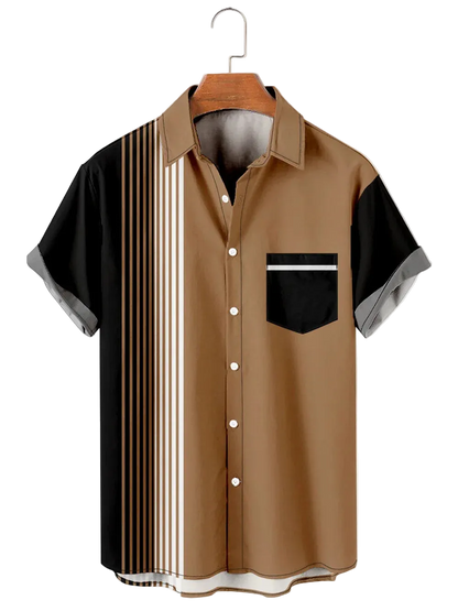 Brown shirt with black and white striped sleeves on a hanger against a white background