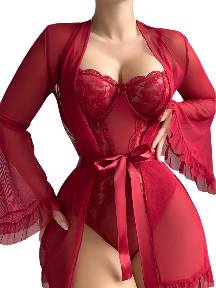 Red lingerie set with matching robe on a neutral background