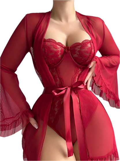 Red lingerie set with matching robe on a neutral background