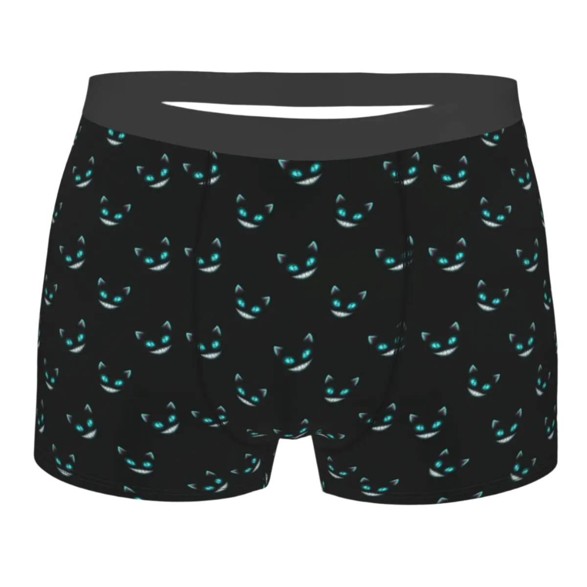 boxer shorts featuring the Cheshire Cat design from Alice in Wonderland, with glowing turquoise eyes and distinctive grinning teeth illuminated against a dark background.