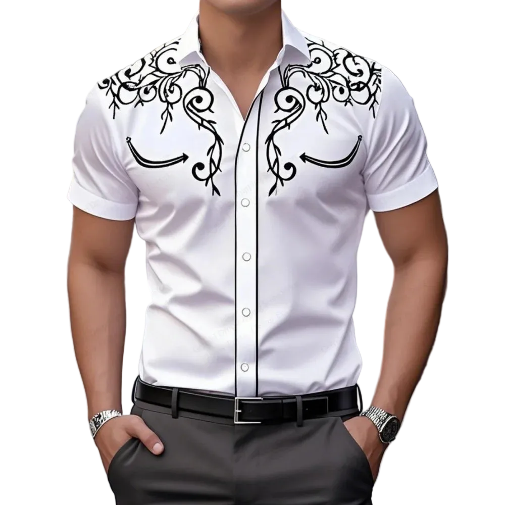 Man wearing a white shirt with black decorative patterns and dark pants.